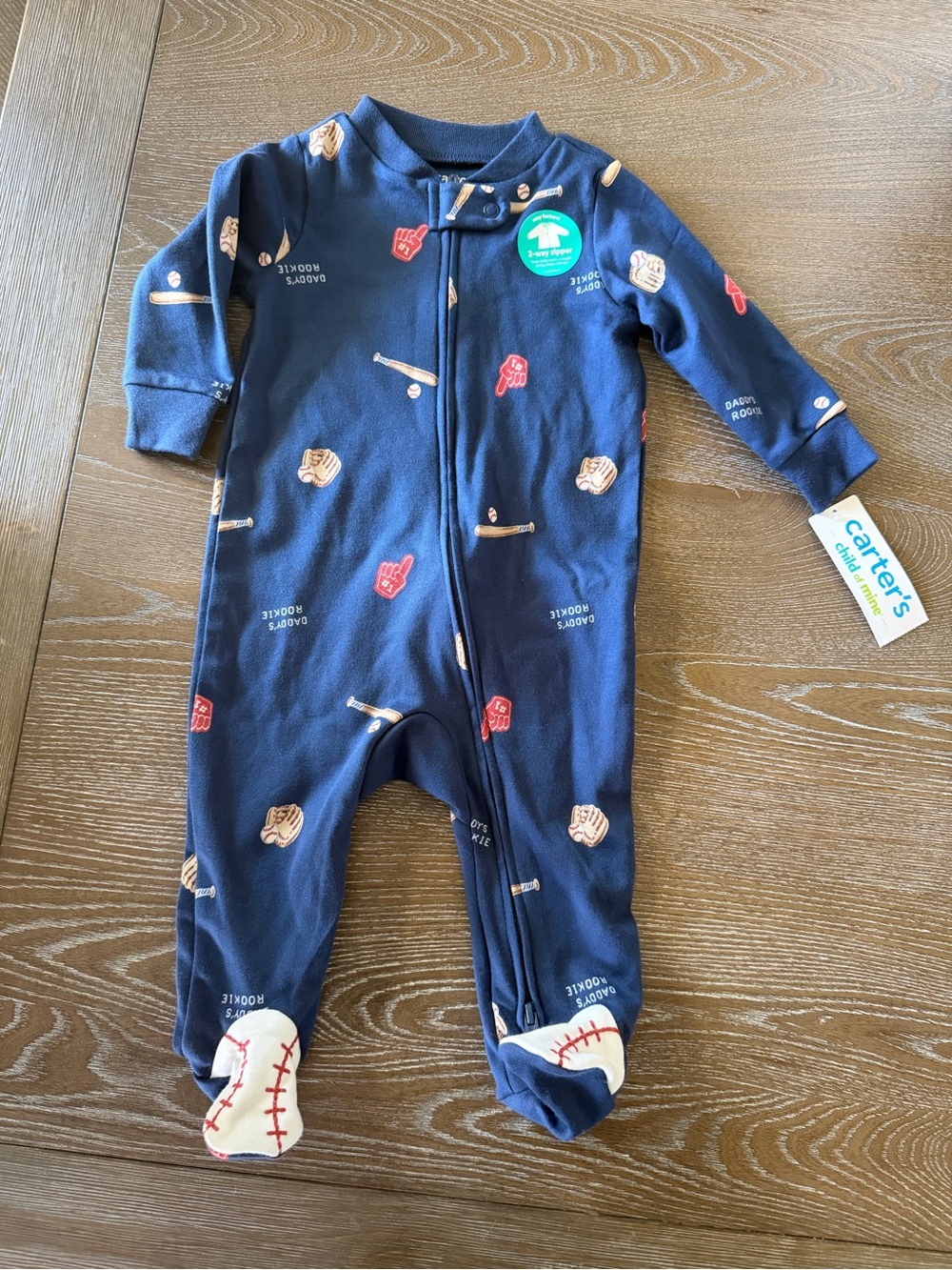 3/$13 NWT Carter's Navy Baseball Print Footed Pajamas Daddy’s Rookie sports blue